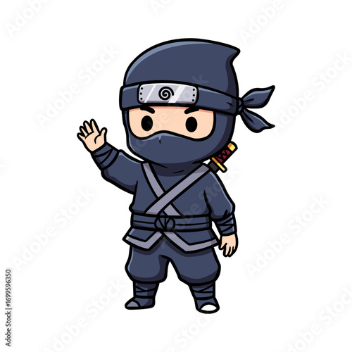 A pixel art illustration of a friendly looking character in a dark grey outfit, waving. The character has a simple design with large eyes and a headband. The background is plain black