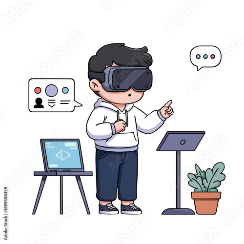 Pixel art illustration of a person wearing a virtual reality headset, gesturing towards a tablet stand. Surrounding elements include a tablet displaying a design, color palettes, and a small potted