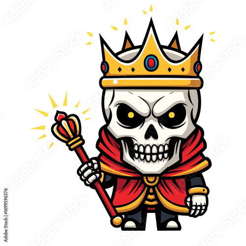 A cartoon style skeletal monarch, depicted in pixel art, dons a crimson robe and golden crown. The monarch grips a golden scepter, exuding a serious demeanor. The backdrop is black