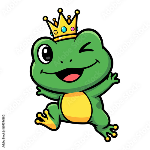 Illustration of a happy cartoon amphibian wearing a golden crown, winking, and leaping joyfully against a dark background. The amphibian is predominantly green with yellow accents, exhibiting a