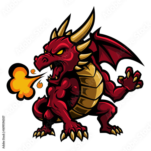 Pixel art illustration of a fire breathing dragon against a dark background. The dragon is depicted in a crouched position, with claws extended and mouth agape, emitting a puff of orange flames. The