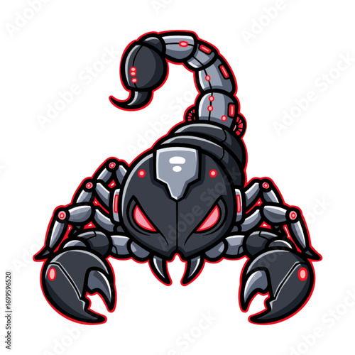 Pixel art illustration of a robotic scorpion. The scorpion is predominantly dark gray metal with glowing red accents on its joints and eyes. It has a menacing posture, and the background is black