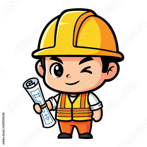 A cheerful cartoon illustration of a construction worker, wearing a yellow hard hat and safety vest, holding a rolled up blueprint. The character has a winking expression and large, expressive eyes