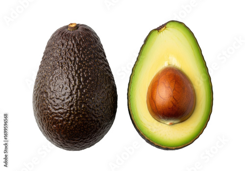 Whole Hass avocado & two halves, one with pit, other with vibrant green flesh, on a transparent background with negative space, soft studio light. Concept of fresh healthy produce