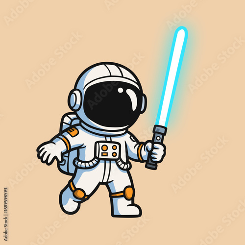 Cartoon illustration of a space explorer in a white spacesuit, holding a glowing blue energy sword against a light brown background. The explorer is depicted in a walking pose, with a cute, chibi