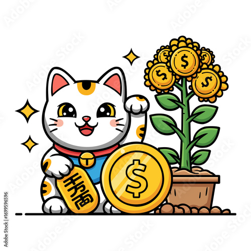 Illustration of a white lucky cat holding a gold coin, sitting beside a money plant growing gold coins in a pot. The background is dark, the style is cartoonish and cute. Its a charming illustration