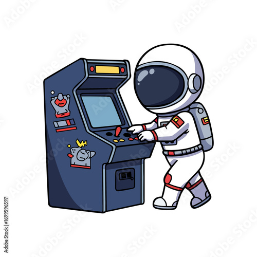 A pixelated illustration of a person in a spacesuit playing a vintage video game against a dark background. The depiction is playful and almost childlike.  It evokes a whimsical and nostalgic