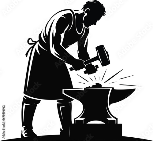 Blacksmith hammering glowing metal on anvil silhouette with sparks