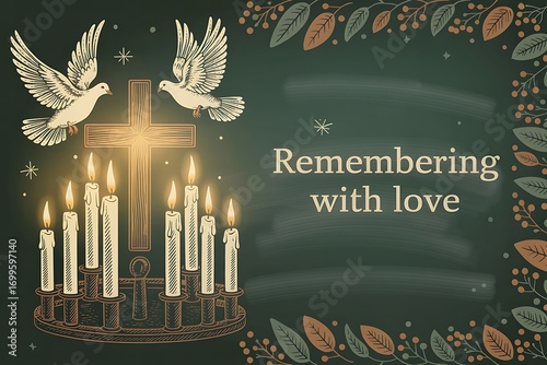 Candles, doves, and cross symbolize peace, remembrance, and hope, perfect for memorial services and religious events