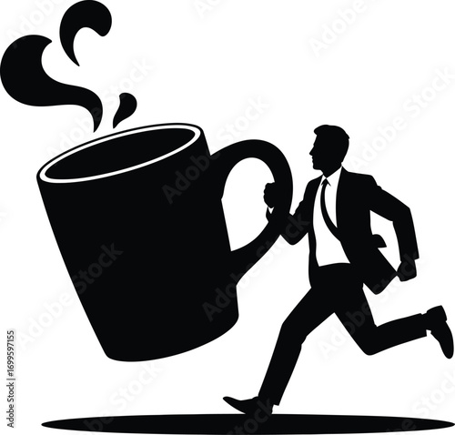 Energetic businessman running with a coffee cup silhouette