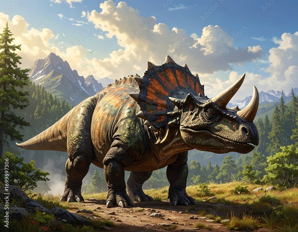 Fototapeta premium Epic triceratops encounter against a backdrop of mountainous majesty