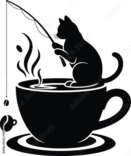 Whimsical cat fishing for coffee beans silhouette design