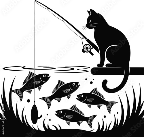 A black cat silhouette fishing for a fish in the water silhouette