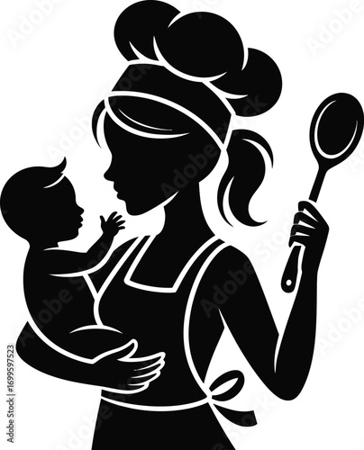 Mother holding baby spoon silhouette cooking family meal preparation
