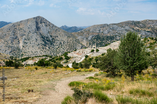 Mountain view and trail to the ruins of the ancient city of Sagalassos in Aglasun district of Burdur province in Turkey.