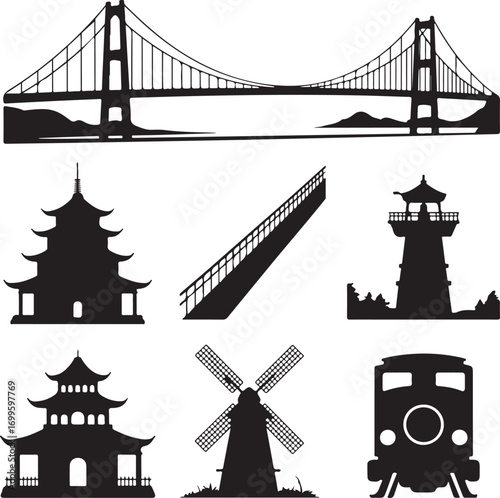 Golden Gate Bridge Asian Pagoda Lighthouse Windmill and Train Silhouettes Keywords: silhouette