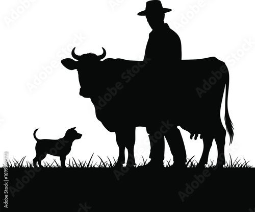 Farmer with a cow and dog in a rural field silhouette