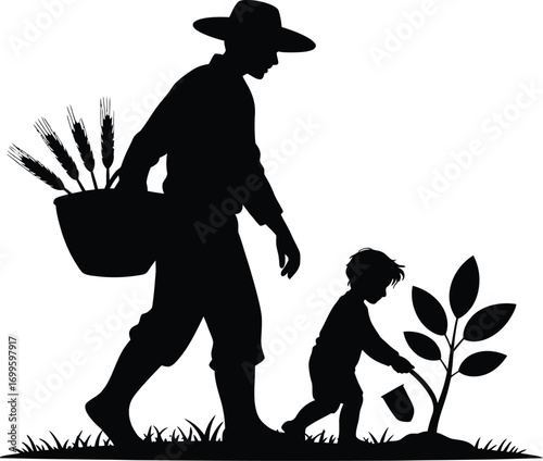 Father and son tending to a growing plant in a silhouette