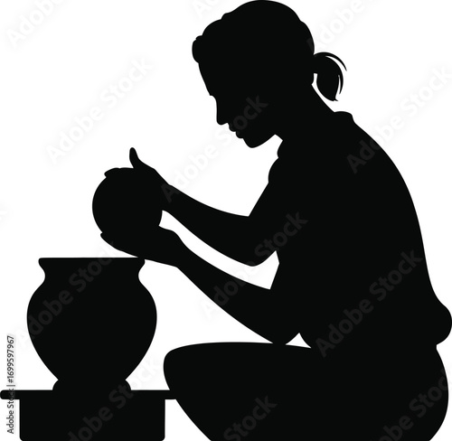 Female potter skillfully shaping clay vase silhouette art