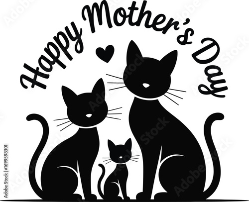 Happy mother s day loving cat family silhouette with flowers