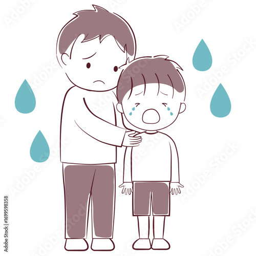泣いている男の子と心配している父親のイラスト