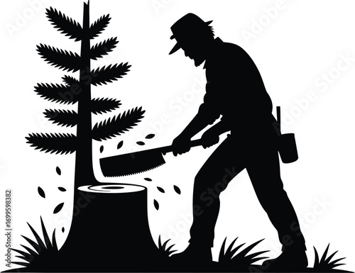 Lumberjack chopping down a tree with a saw silhouette
