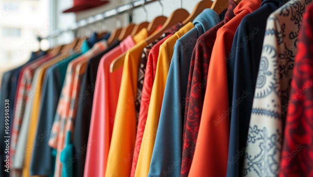 custom made wallpaper toronto digitalColorful Clothes on Hangers in Fashion Store – Modern Retail Shopping Background