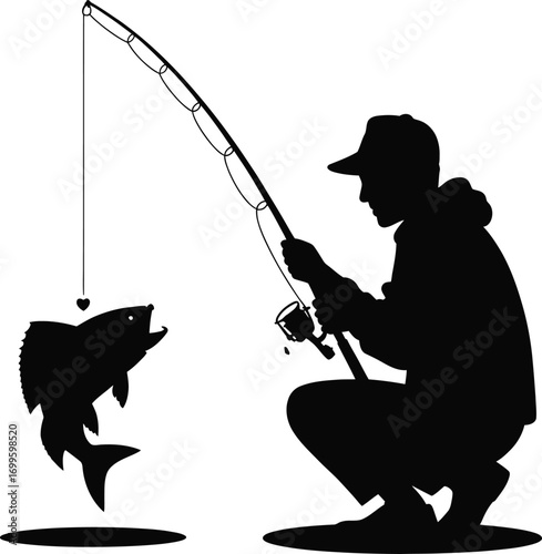Man casting fishing rod silhouette catching a fish silhouette