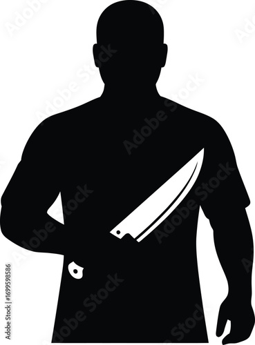 Silhouette of a man holding a large sharp knife in a dramatic pose silhouette