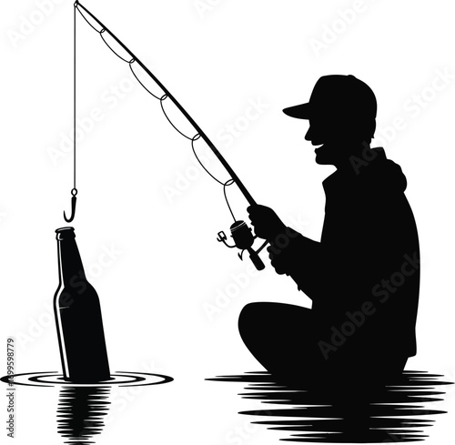 Man smiling and fishing for a beer bottle silhouette