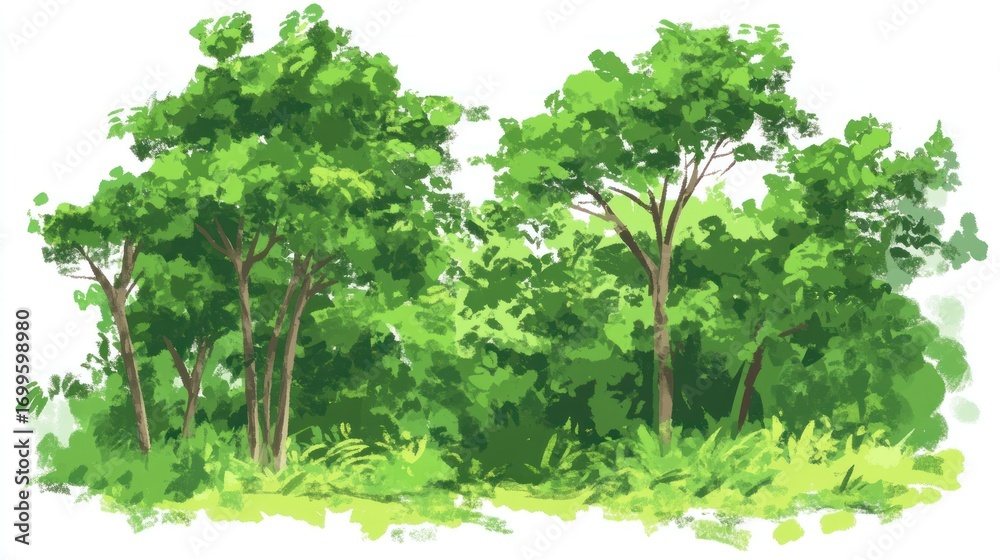 Obraz premium Lush Green Forest Scene, Painted Impressionistic Style