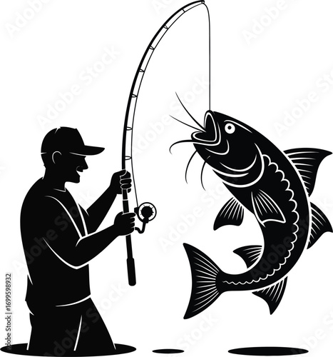 Man proudly holding a very large fish silhouette