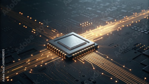 Flowing Data Stream with Microchip on Digital Circuit Board Surface
