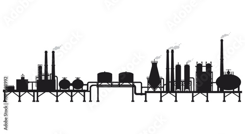 industrial factory silhouette with smokestacks and storage tanks