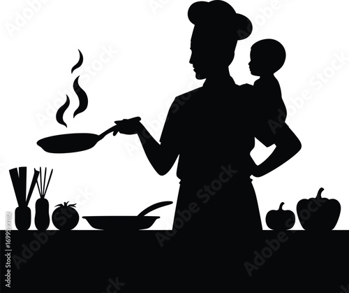 Mother cooking with her baby in a warm kitchen silhouette