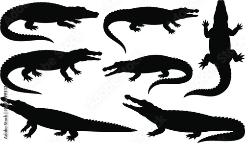 Collection of crocodile silhouette illustrations, wild reptile vector design, predator animal icons, alligator shapes for wildlife, nature, zoo themes