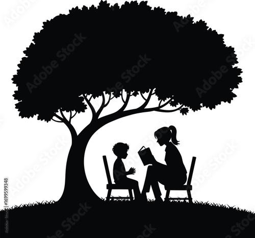 Joyful mother reading a book to her child under a leafy tree silhouette
