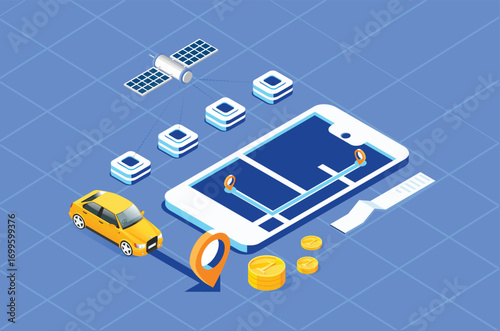 Modern Technology GPS navigation app concept in isometric vector illustration. Smartphone application for global positioning system.Suitable for Diagrams, Infographics, And Other Graphic asset