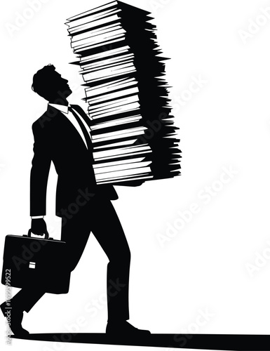 Overloaded businessman struggling with a huge stack of workload silhouette