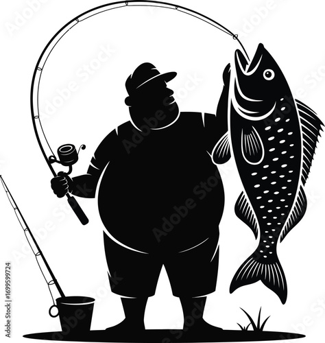 Overweight man proudly displaying his large fishing catch silhouette