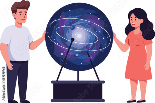 Two people observing galaxy model, astronomy education illustration, solar system concept art, cosmic science vector, planetary orbit design, space exploration learning scene