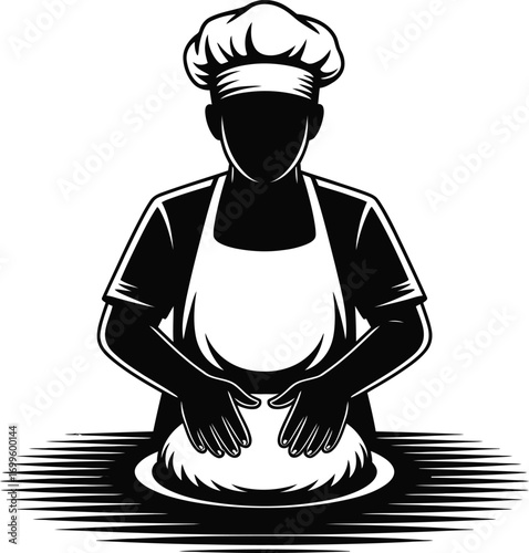 Silhouette of a skilled baker chef kneading dough for a bakery advertisement banner