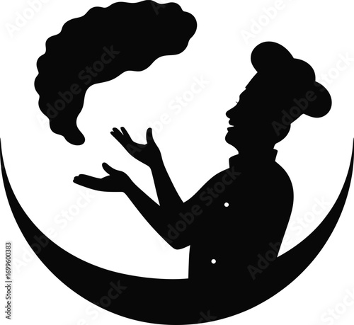 Dynamic silhouette of a professional chef actively tossing food in a kitchen