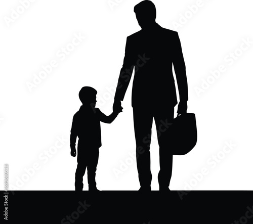 Silhouette of a father in a suit holding a child s hand and a briefcase silhouette