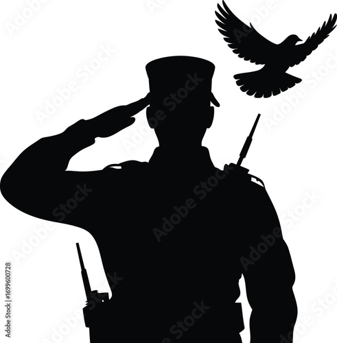Soldier saluting with a dove flying nearby silhouette