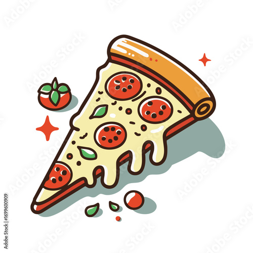 illustration of a pizza slice isolated on white background. pizza with tomato, basil leaf and melted cheese. Flat Vector illustration.