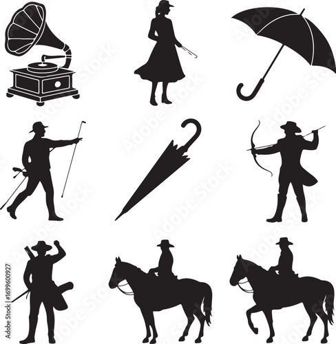 Silhouettes of Vintage Objects and People Engaged in Activities Keywords: silhouette, vintage
