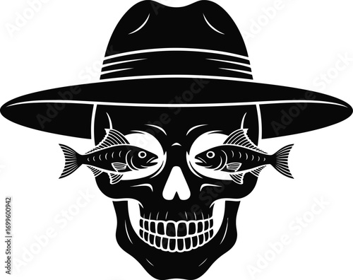 Skull wearing a hat with fish eyes silhouette design