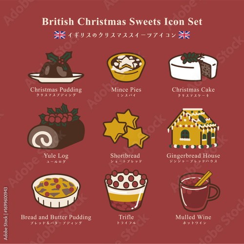 British Christmas Sweets Icon Set with Background