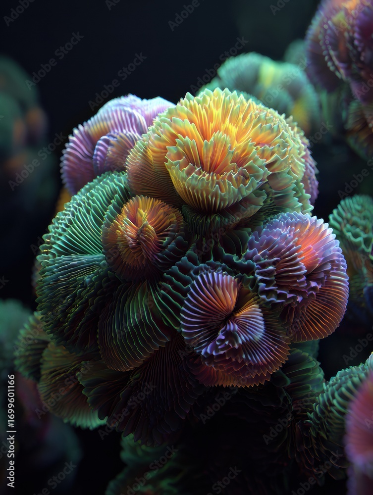 Obraz premium Vibrant Coral Reef Showcasing Intricate Structures and Colors in an Underwater Ecosystem During Daytime